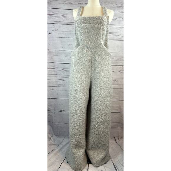 Grays Pants - Halara Teddy Fuzzy Overalls Women M Light Gray Plush Wide Leg Romper Jumpsuit